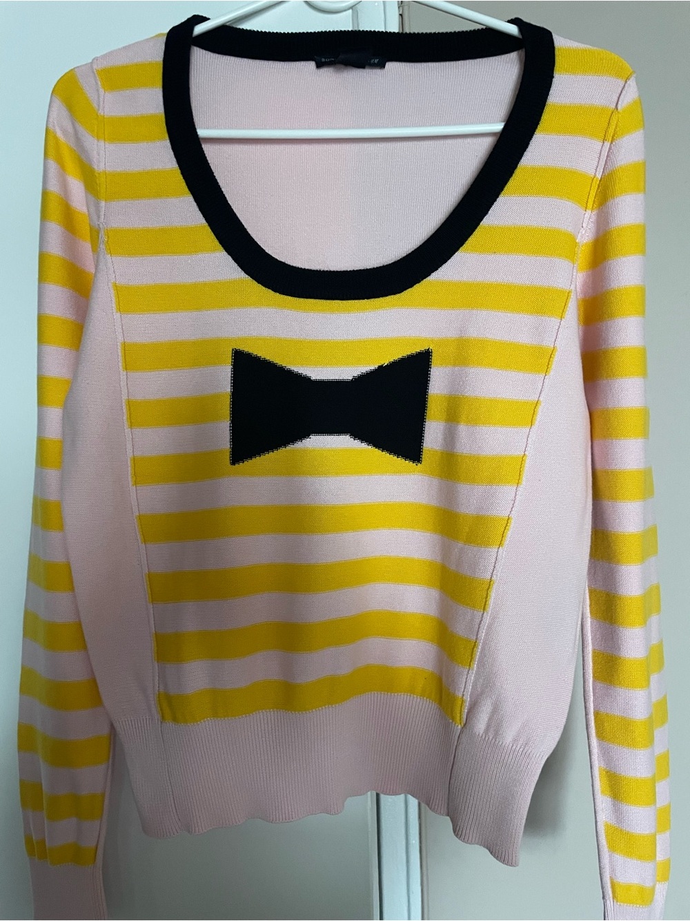 Sonia Rykiel Pink and Yellow Striped Scoop Neck Sweater with Black Bow